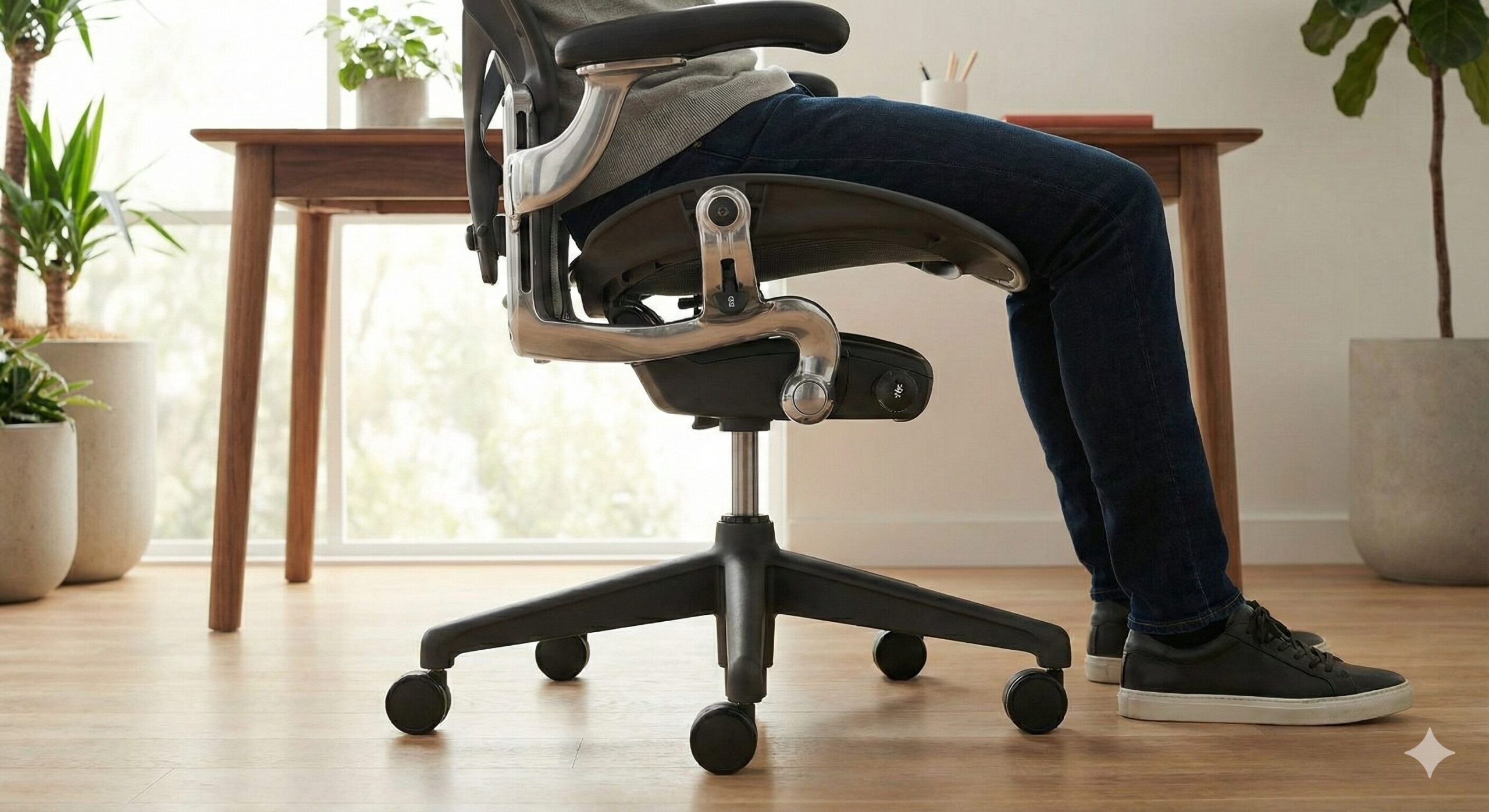 前傾チルト機能によりデスクワーク中の骨盤をサポートするアーロンチェア