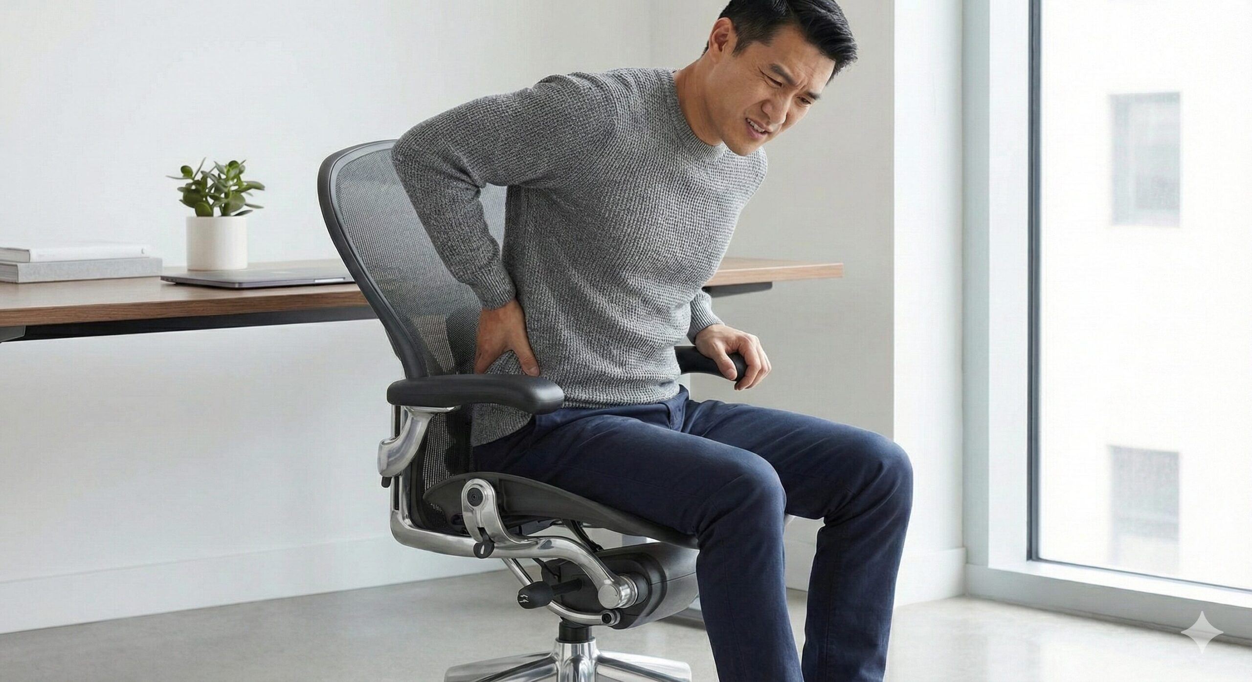 デスクワーク中に腰をさするユーザーの様子