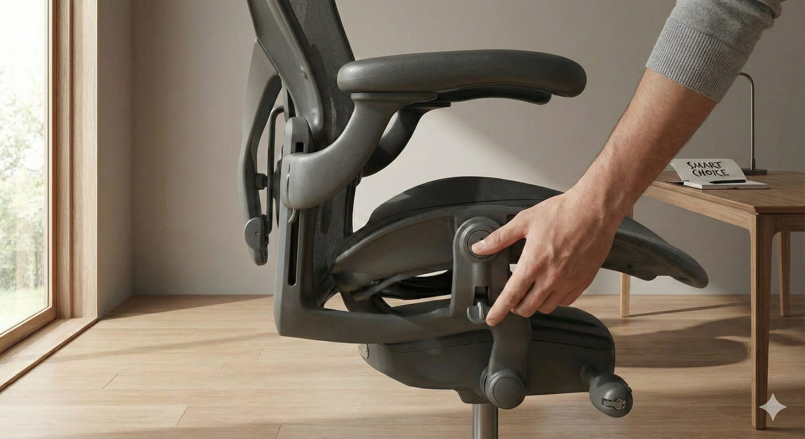 ショールームで実際に座って操作レバーを確かめる様子