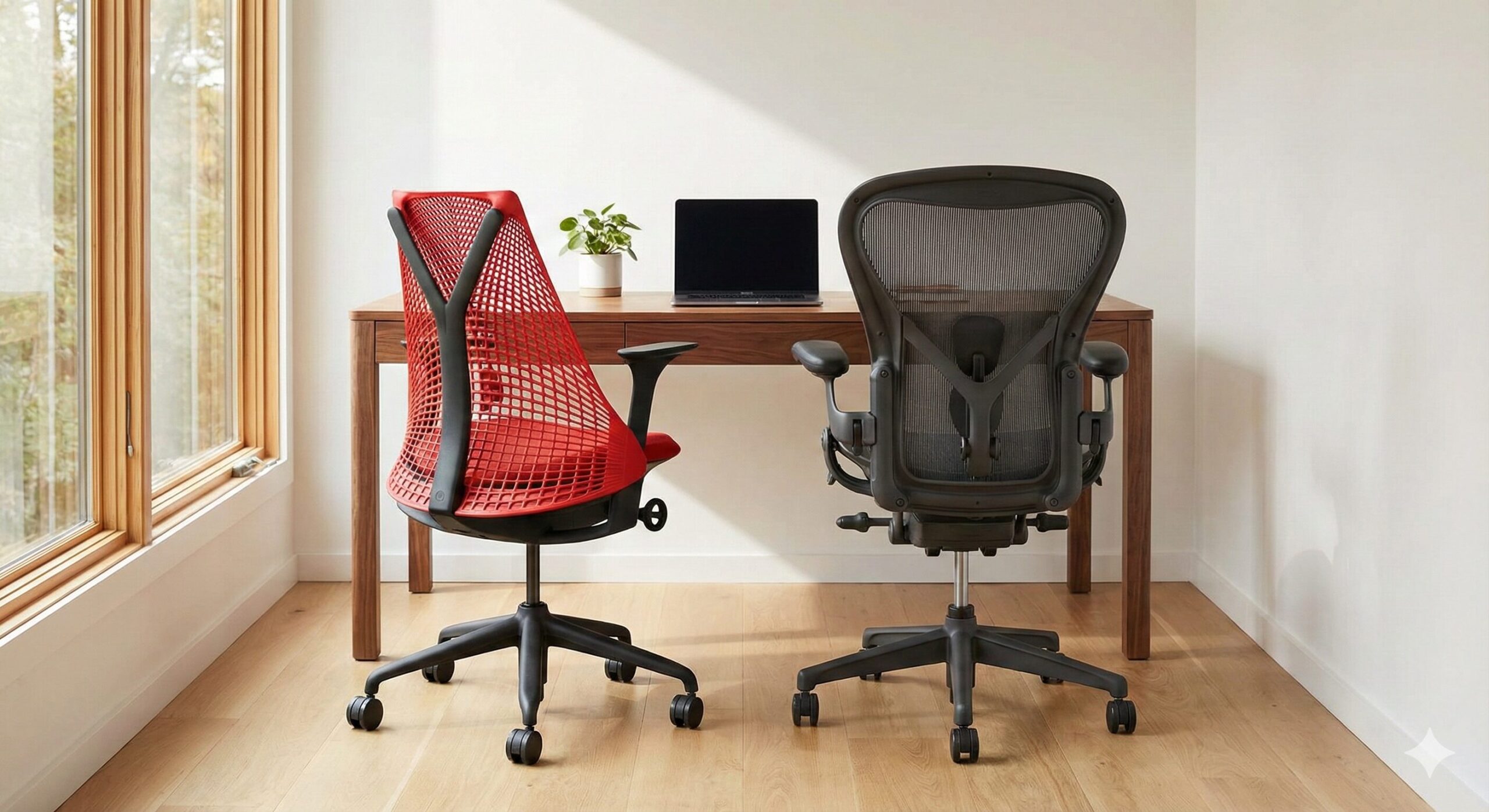 セイルチェアとアーロンチェアが並ぶ洗練されたモダンなアトリエ空間