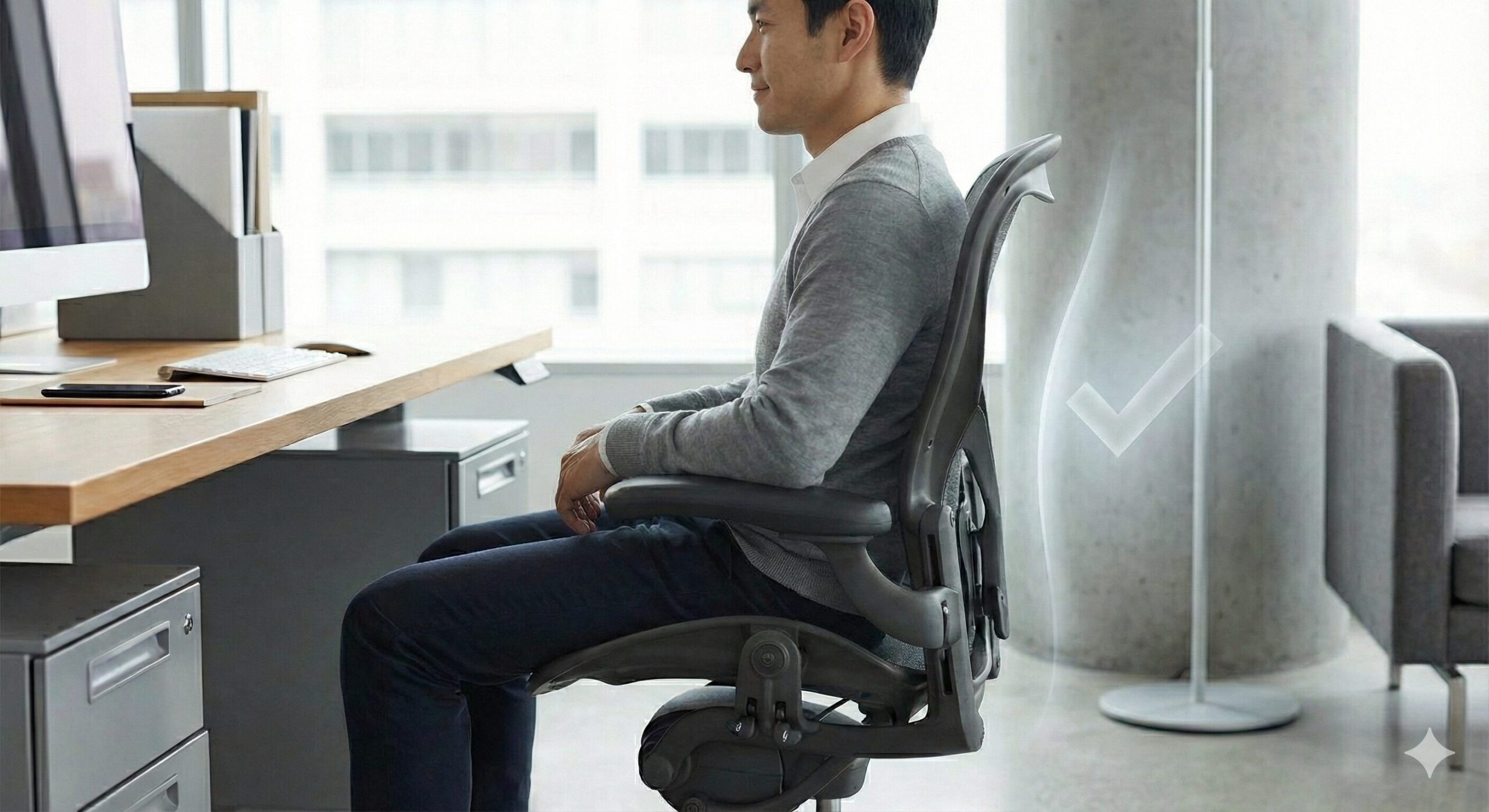 リラックスした表情で快適に座るユーザー