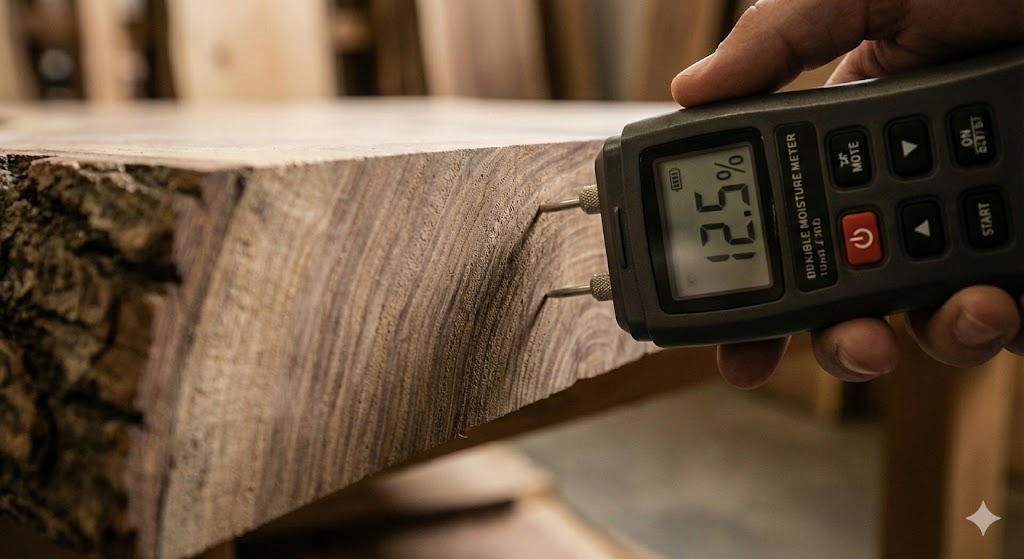含水率計で木材の水分量を測定する様子