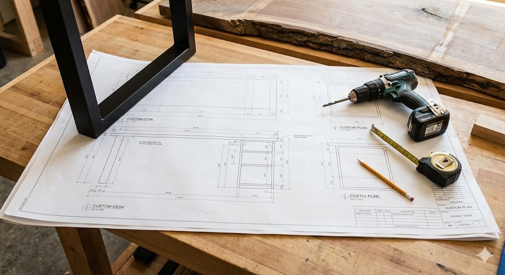 サンダーを使って一枚板の表面を丁寧に研磨する作業風景