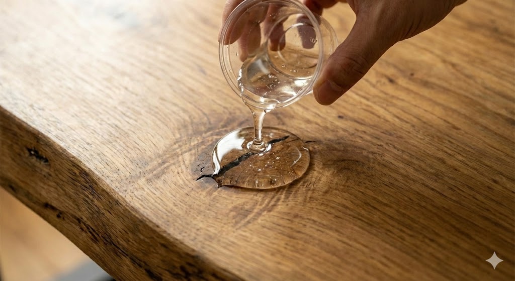 節穴に透明なエポキシ樹脂を流し込んで補修する工程