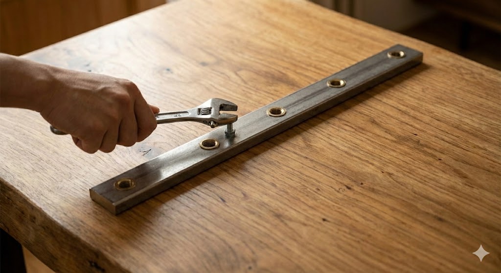 天板の裏に鬼目ナットを埋め込むための下穴あけ