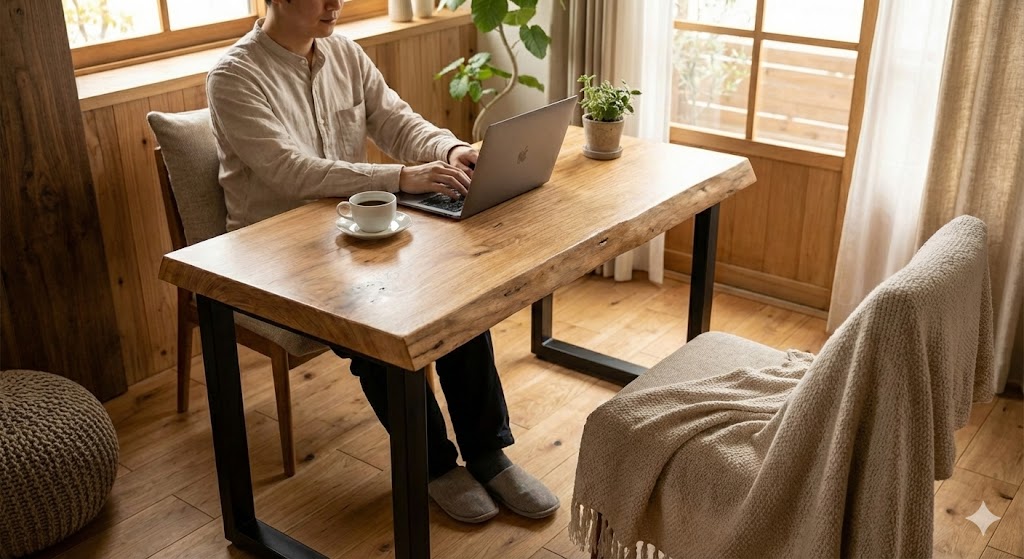 完成した一枚板デスクでコーヒーを飲みながら仕事をする様子