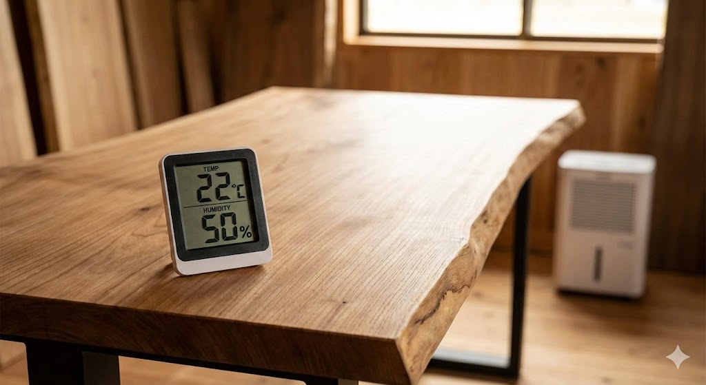 乾燥を防ぐために加湿器が設置された部屋の一枚板デスク
