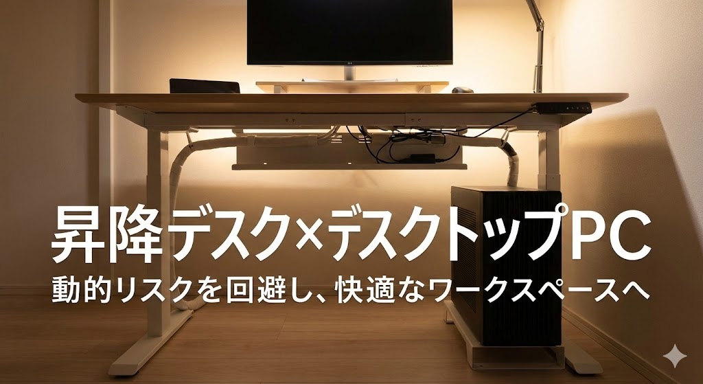 昇降デスクに設置されたデスクトップPCと美しく整理された配線の全景