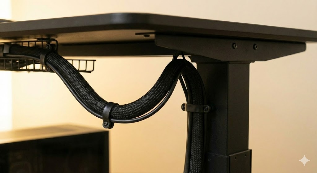 昇降デスクの可動域で引っ張られるケーブルの危険性を図解したイメージ