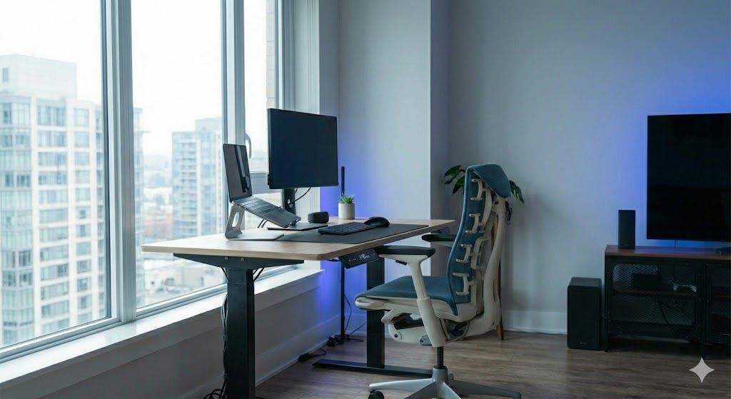 明るい窓際で昇降デスクを使って立ち仕事をする様子