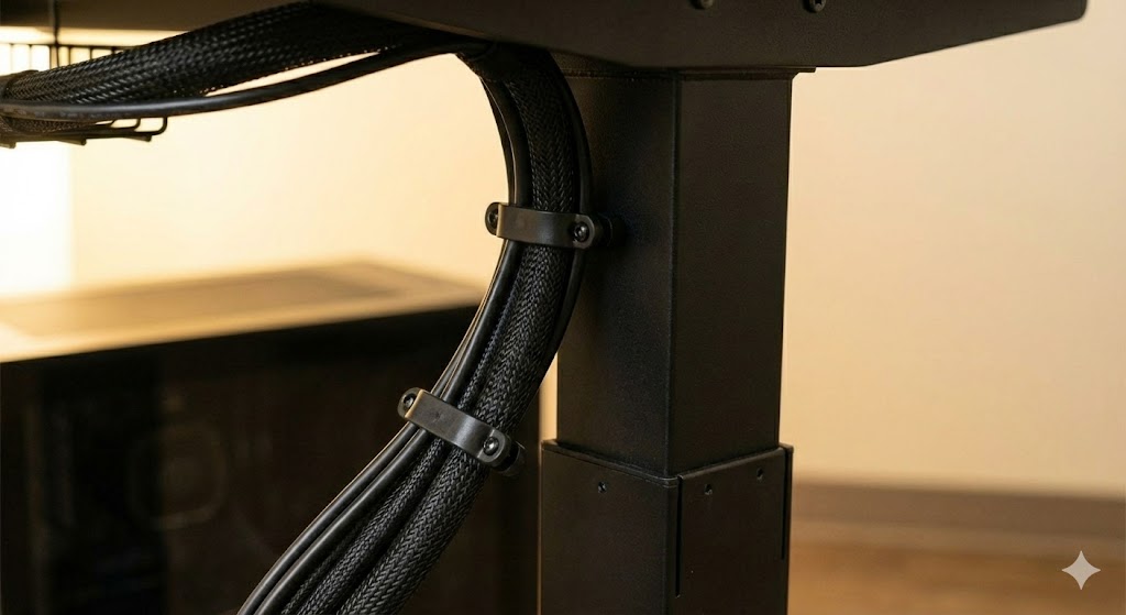 デスクの脚に挟まりそうになっているケーブルと注意喚起のイメージ