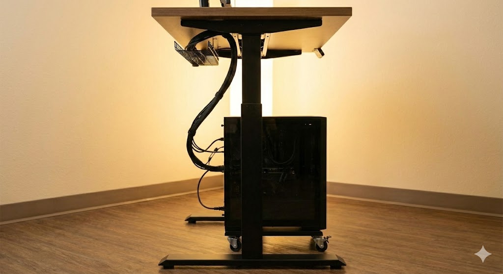 メジャーを使って昇降デスクの最大高度からコンセントまでの距離を測る様子