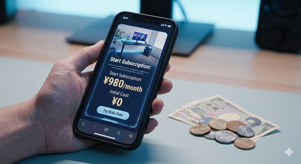 スマートフォンのアプリで家具レンタルを申し込むイメージ