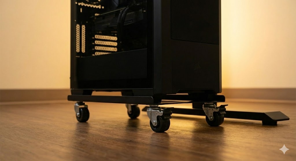 キャスター付きのPCスタンドに載せられたデスクトップPC本体