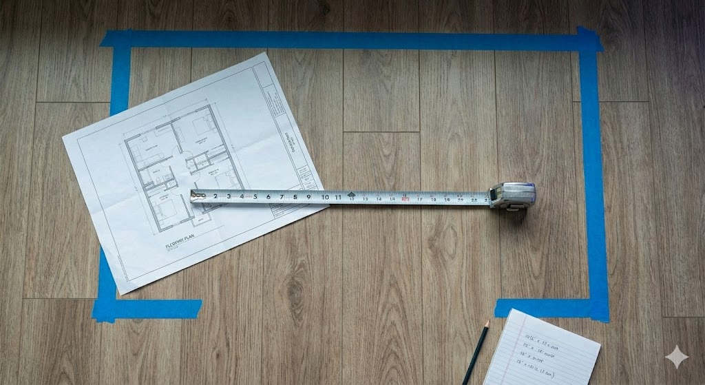 メジャーで部屋のスペースを計測しデスク配置を検討する様子