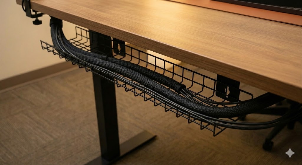 デスク天板裏に美しく収まったケーブルトレーと電源タップの様子
