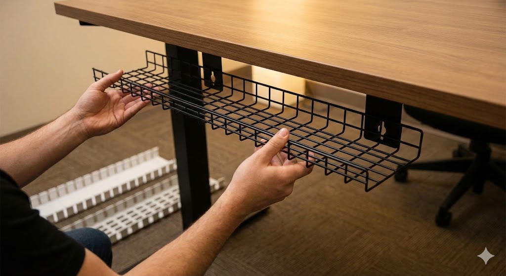 メッシュタイプのケーブルトレーに収納されたACアダプター群