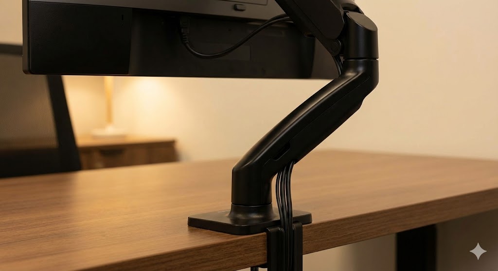 モニターアームのカバー内にケーブルを通し、支柱に沿わせる配線術