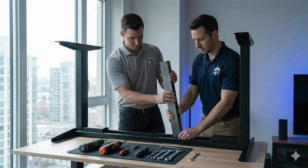 電動ドライバーを使ってデスクを組み立てるプロの作業員