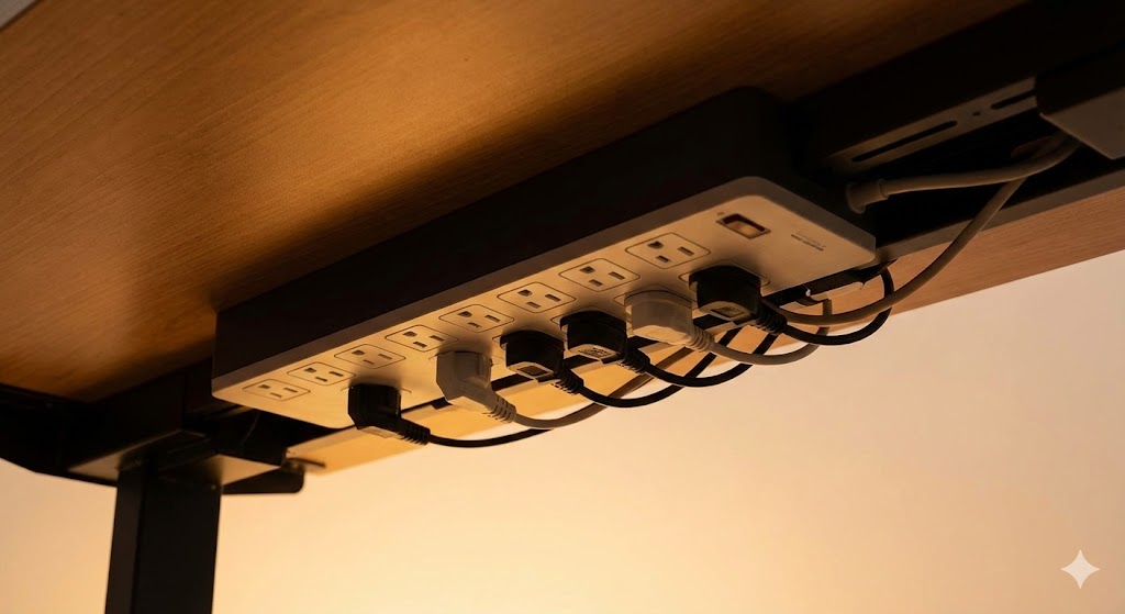 デスク天板の裏側にマグネットやネジで強力に固定された10個口の電源タップ