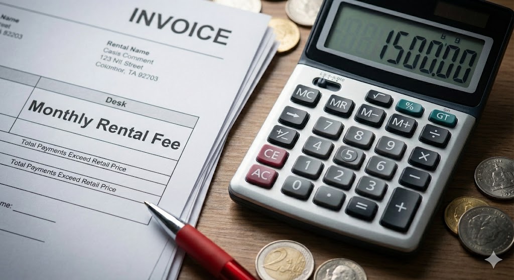 電卓とカタログを比較してコスト計算をするユーザー