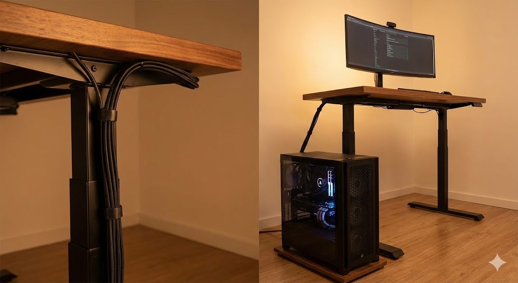 整理されたデスク下スペースと、安全に配慮されたケーブルの引き回し