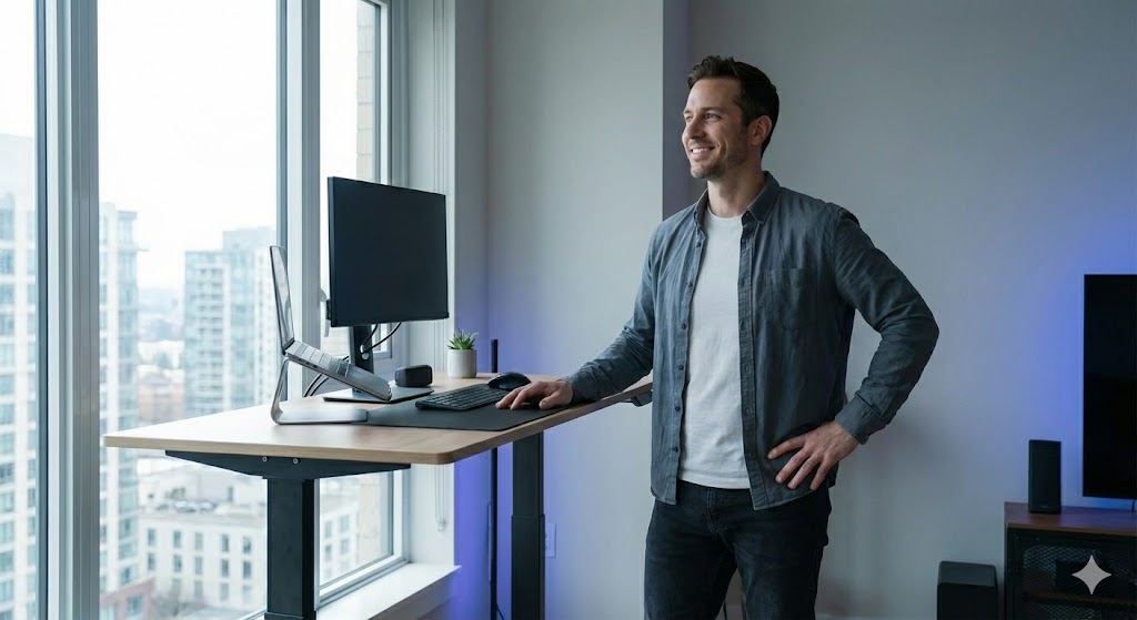 複数のデスクモデルが並ぶショールームで検討する様子