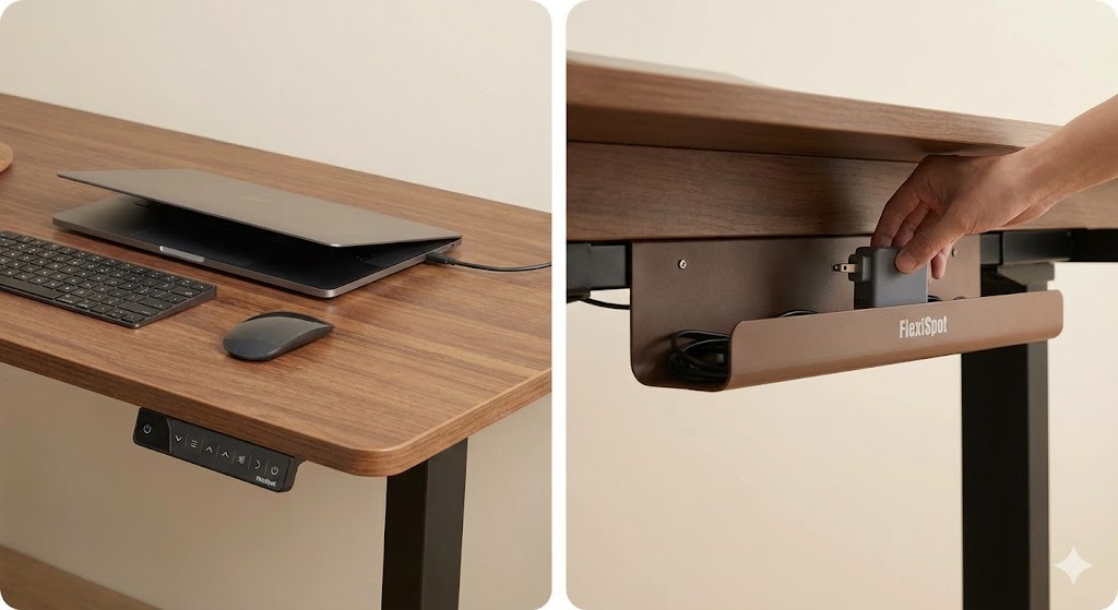 FlexiSpot純正のケーブルダクトやホルダーを使用した洗練された配線例