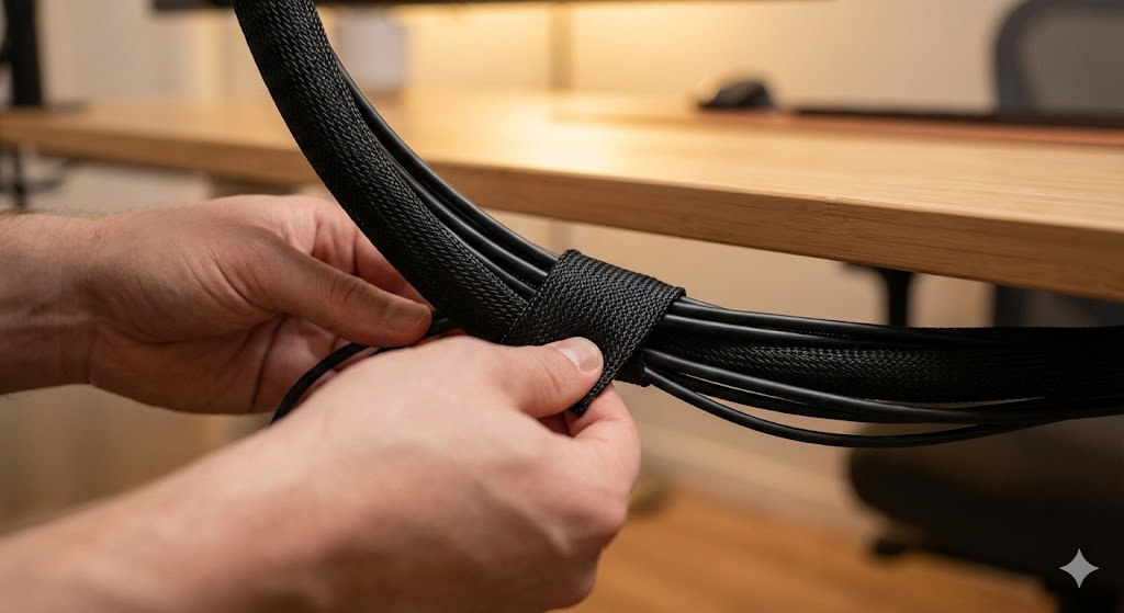 白いメッシュスリーブで一本にまとめられたケーブルのクローズアップ