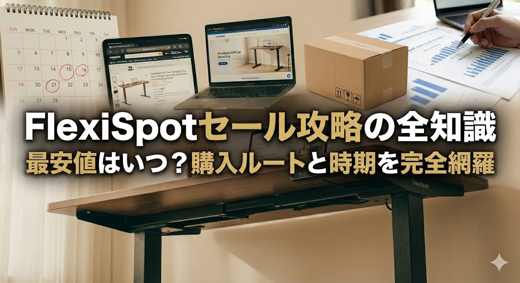 flexispotのセール時期をまとめたカレンダーとデスクのイメージ