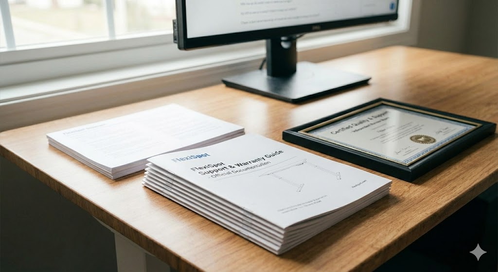 FlexiSpotのロゴが入った製品パッケージと保証書のイメージ