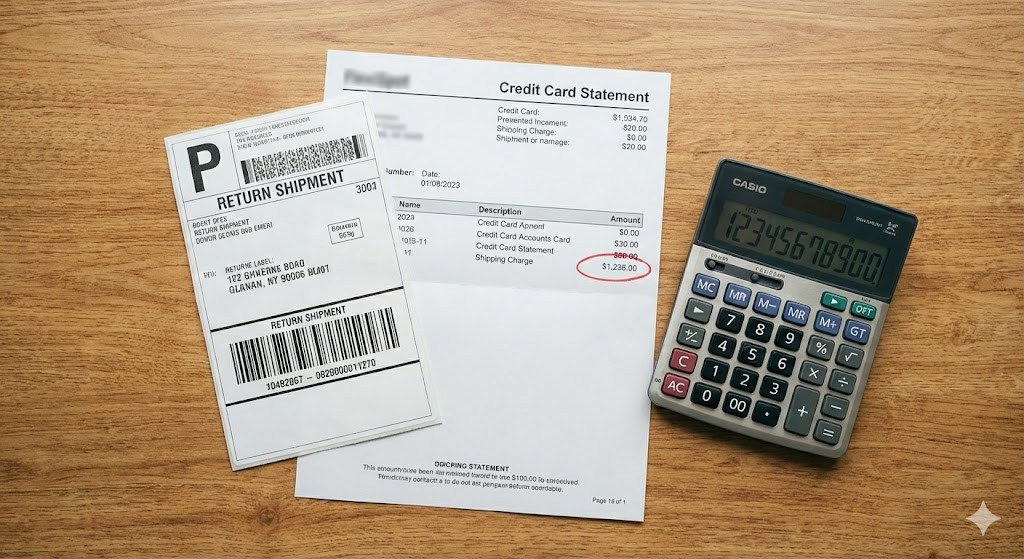 巨大な配送用段ボール箱と配送伝票のイメージ