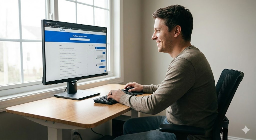 デスクを操作しながらトラブルを解決する男性の笑顔