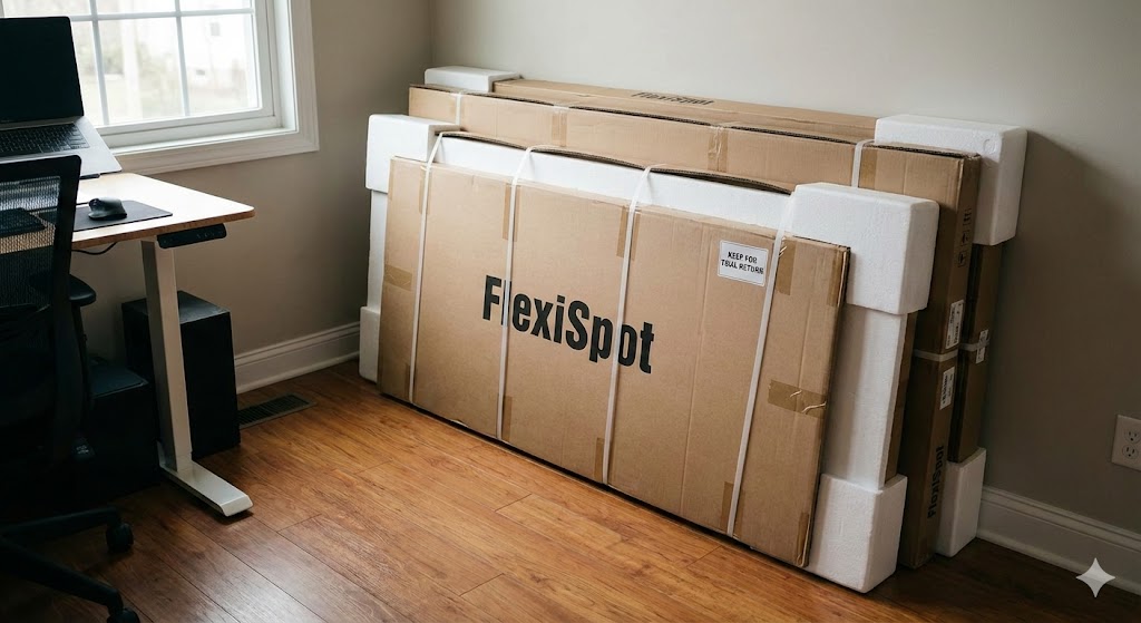 FlexiSpotの製品が入っていた大きな外箱を大切に保管するイメージ