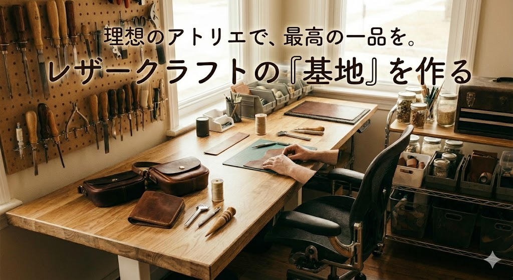 レザークラフト作家のために最適化されたスタイリッシュな作業机の全体像