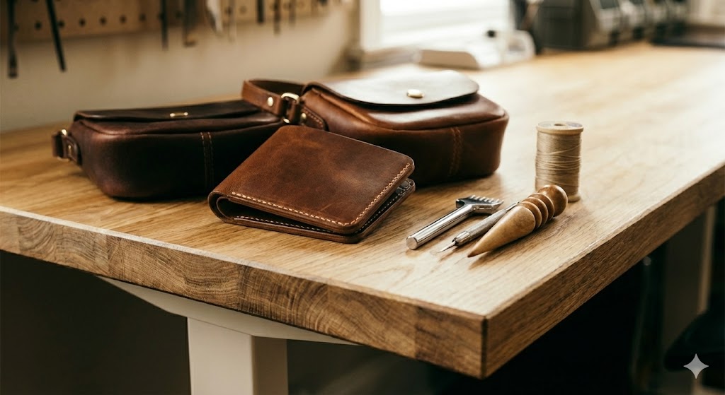 重厚感のある木製デスクで革を裁断するハンドメイド作家の手元