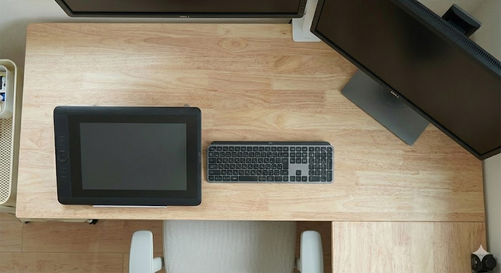 液タブとモニターを配置しても余裕があるイラスト用デスクのサイズ感