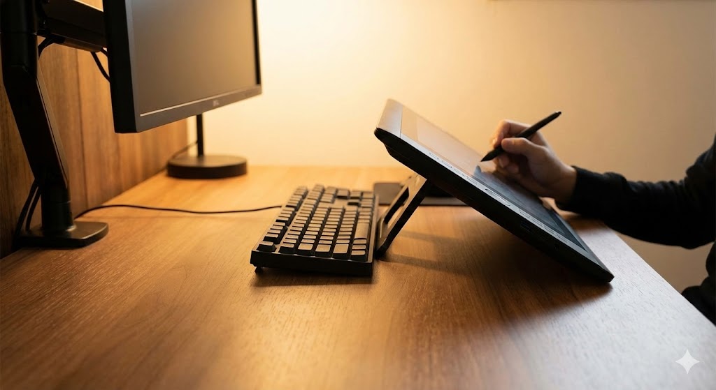 液晶タブレットとキーボードを余裕を持って配置できる広々とした奥行きのデスク