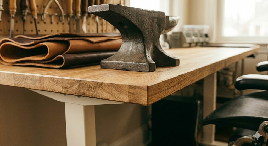 天板の厚みと木目の質感を強調した、レザークラフト向け作業台の断面