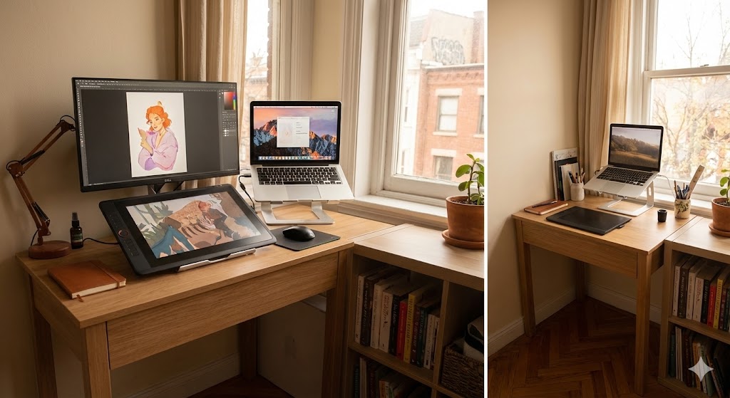 賃貸住宅の限られたスペースにスマートに収まる120cm幅の作業机