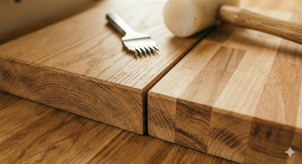 様々な木材のサンプルが並んだ、素材選びのシーン