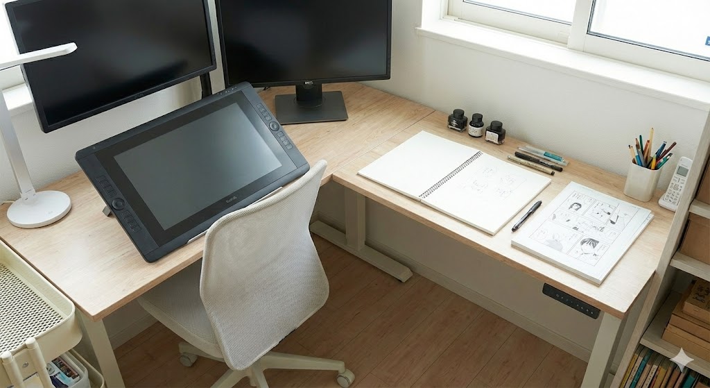 ニトリのL字型デスクで構築したデジタル・アナログ兼用の作業エリア