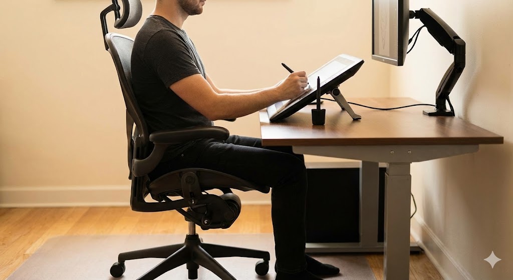 正しい姿勢をサポートする人間工学に基づいた高機能オフィスチェアと液タブの配置