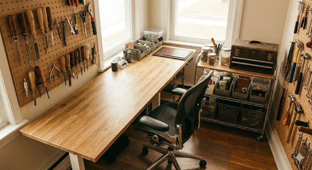 広々としたデスクに牛革の半裁を広げ、型紙を配置している様子