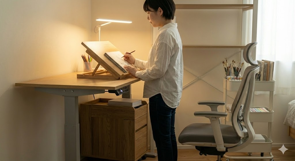 高さをミリ単位で調整して理想の作画姿勢を作る電動昇降デスク