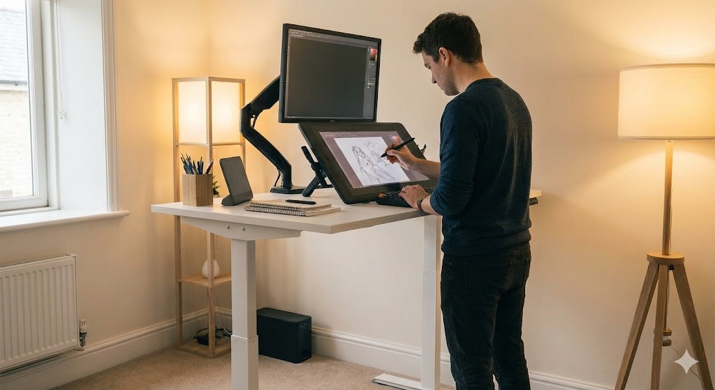 FlexiSpot E7の電動昇降機能と大型液タブの安定性チェック