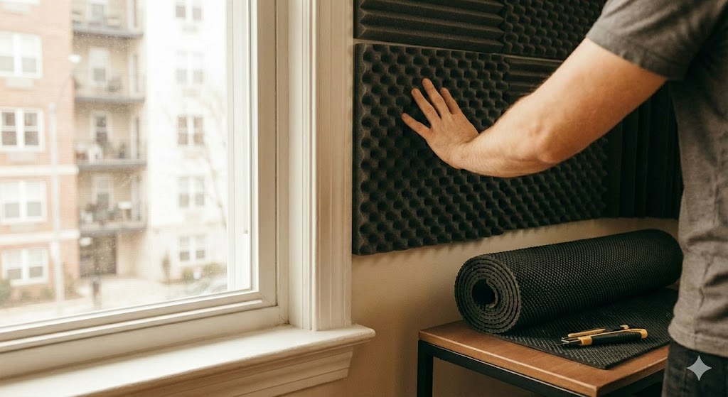 デスクの脚の下に敷かれた防振ゴムと、厚手のカーペットのアップ