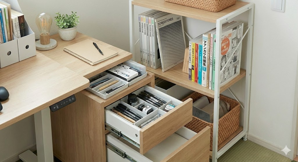 画材や資料を機能的に整理したニトリのワゴンと収納ユニット