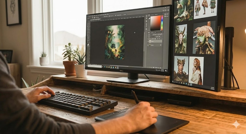 モニターアームを駆使して快適な視点に調整されたデュアルモニター環境