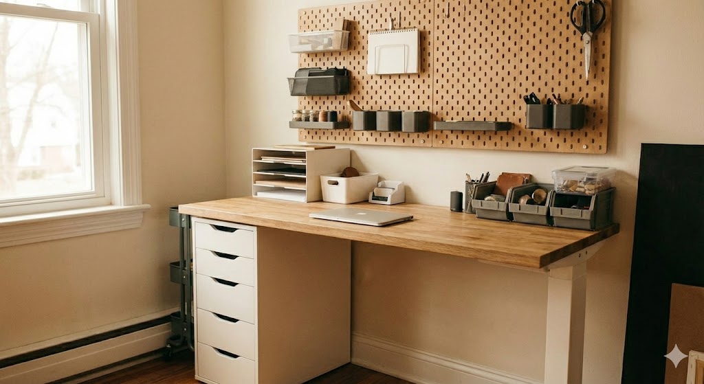 IKEAのロースコグワゴンに整理整頓されたレザークラフト工具